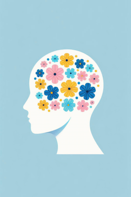 To illustrate mental health and PSA in the workplace, a head filled with flowers