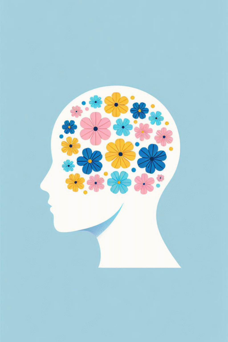 To illustrate mental health and PSA in the workplace, a head filled with flowers